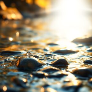 Crystal-clear water flowing over smooth stones in golden morning light, with a soft ethereal glow rising above the surface, symbolizing being born of water and the Spirit from John 3:5