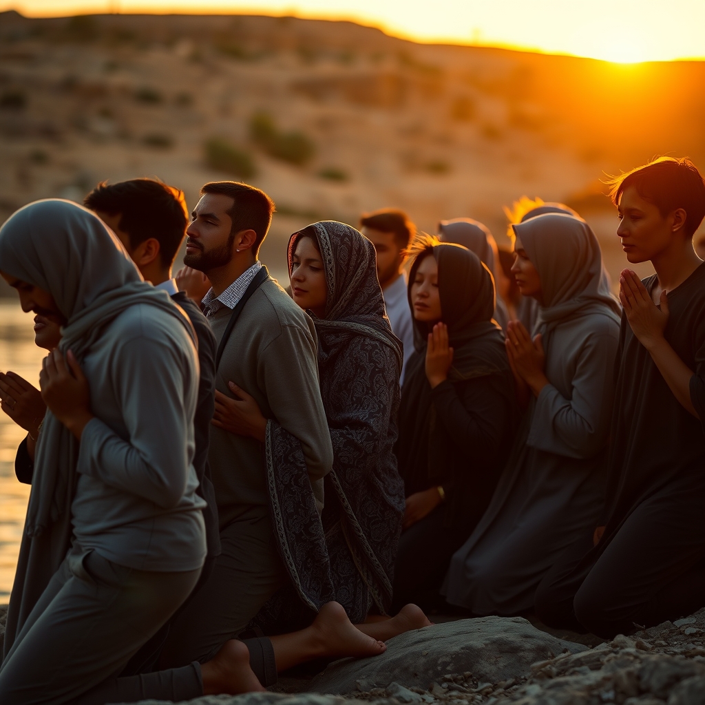 Diverse Christian pilgrims praying reverently at the edge of the Jordan River during golden-hour sunset, conveying deep spiritual reflection.