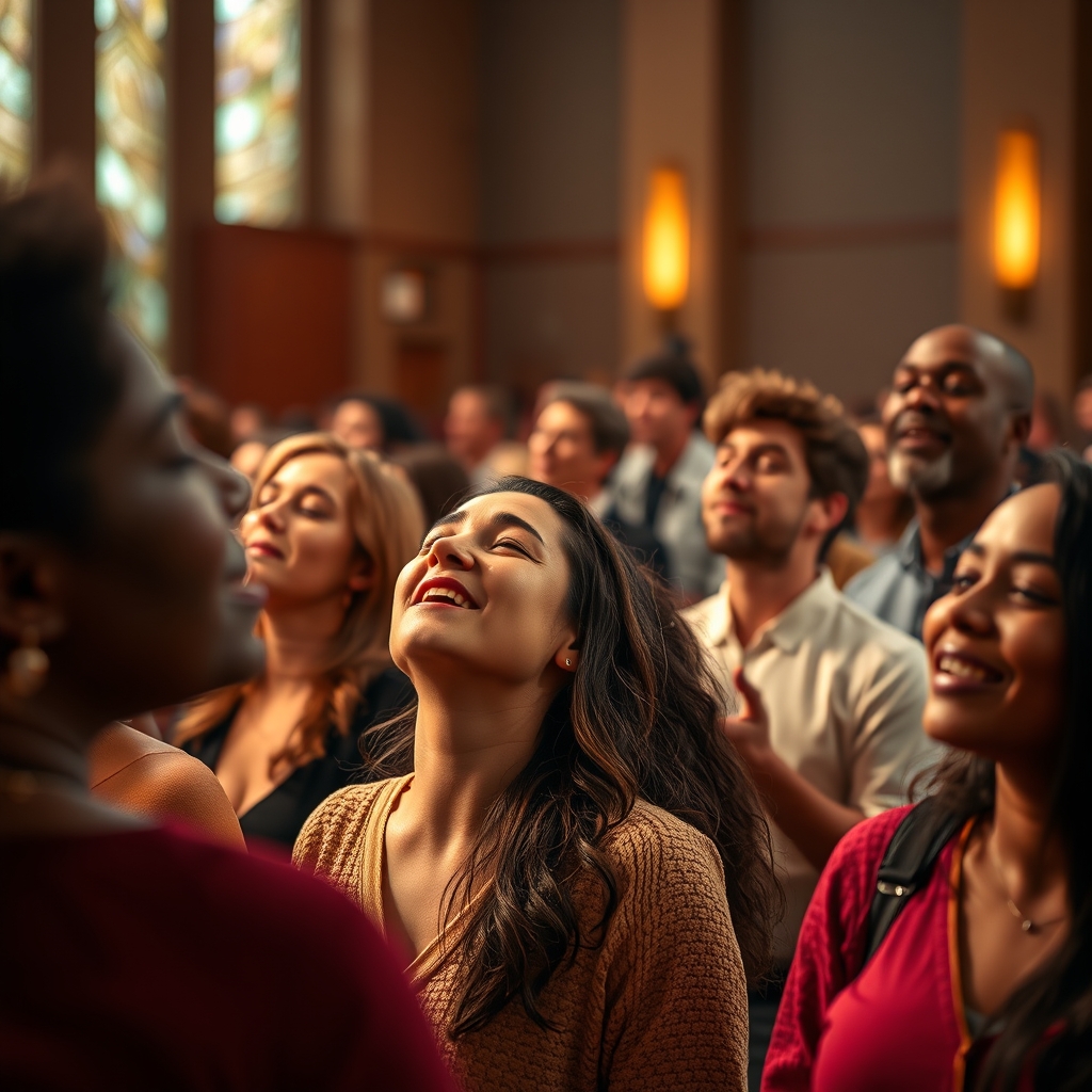 Diverse group of Christians praying and worshipping together in a warmly-lit sanctuary.