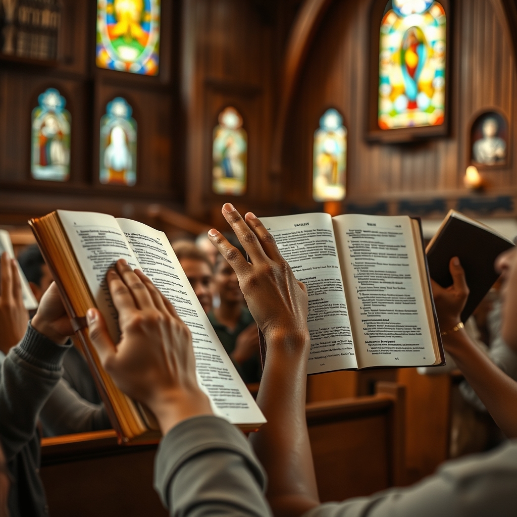Diverse hands holding open Bibles together in a warmly lit church sanctuary
