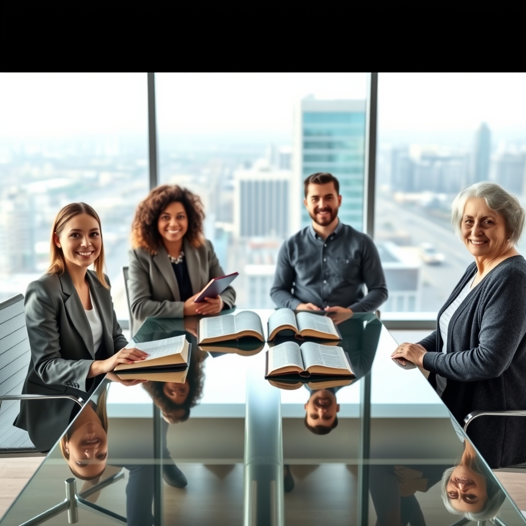 Diverse professional team reviewing open Bibles in a bright modern office.