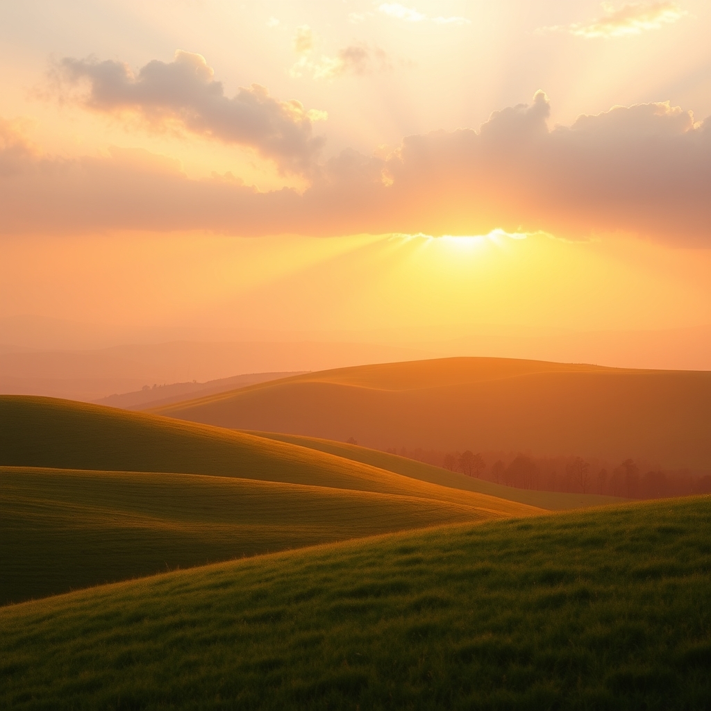 Divine golden sunlight breaking through morning clouds over peaceful green hills, symbolizing the light of Christ and God's presence
