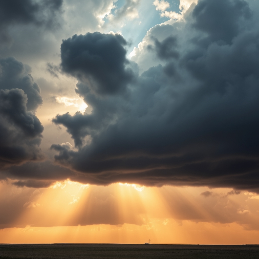 Dramatic storm clouds parting to reveal a beam of golden sunlight over a vast landscape