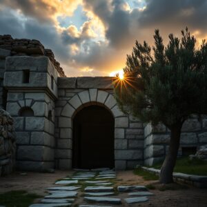 Golden light illuminating an ancient stone tomb entrance, symbolizing hope and new life.