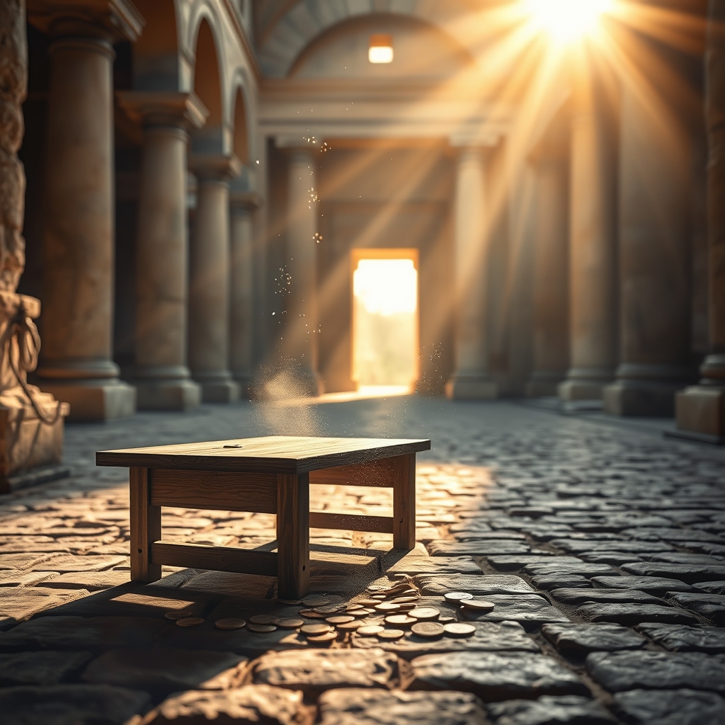Golden sunbeams illuminate a stone temple courtyard with scattered coins and an overturned table
