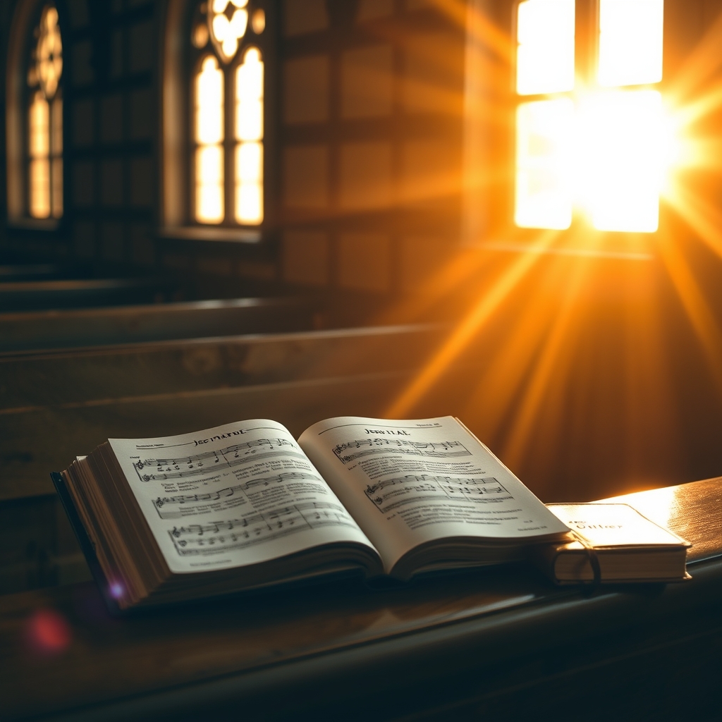 Golden sunlight streaming through church chapel windows illuminating an open vintage hymnal titled 'Jesus Paid It All' resting beside a leather Bible on a polished wooden pew, creating a reverent and sacred atmosphere