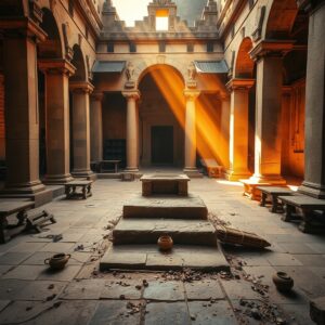 Golden sunlight streams into an ancient temple courtyard where merchant tables and commercial items have been overturned, with an empty altar standing in the center, symbolizing the reclamation of a sacred space from commerce