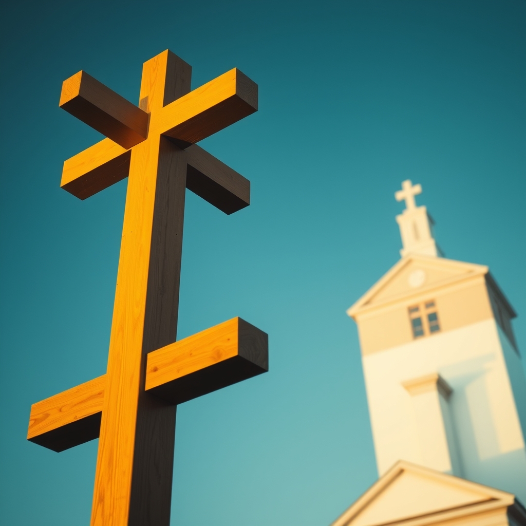 Golden sunset light illuminating a cross against a clear blue sky with an out-of-focus LDS meetinghouse in the background