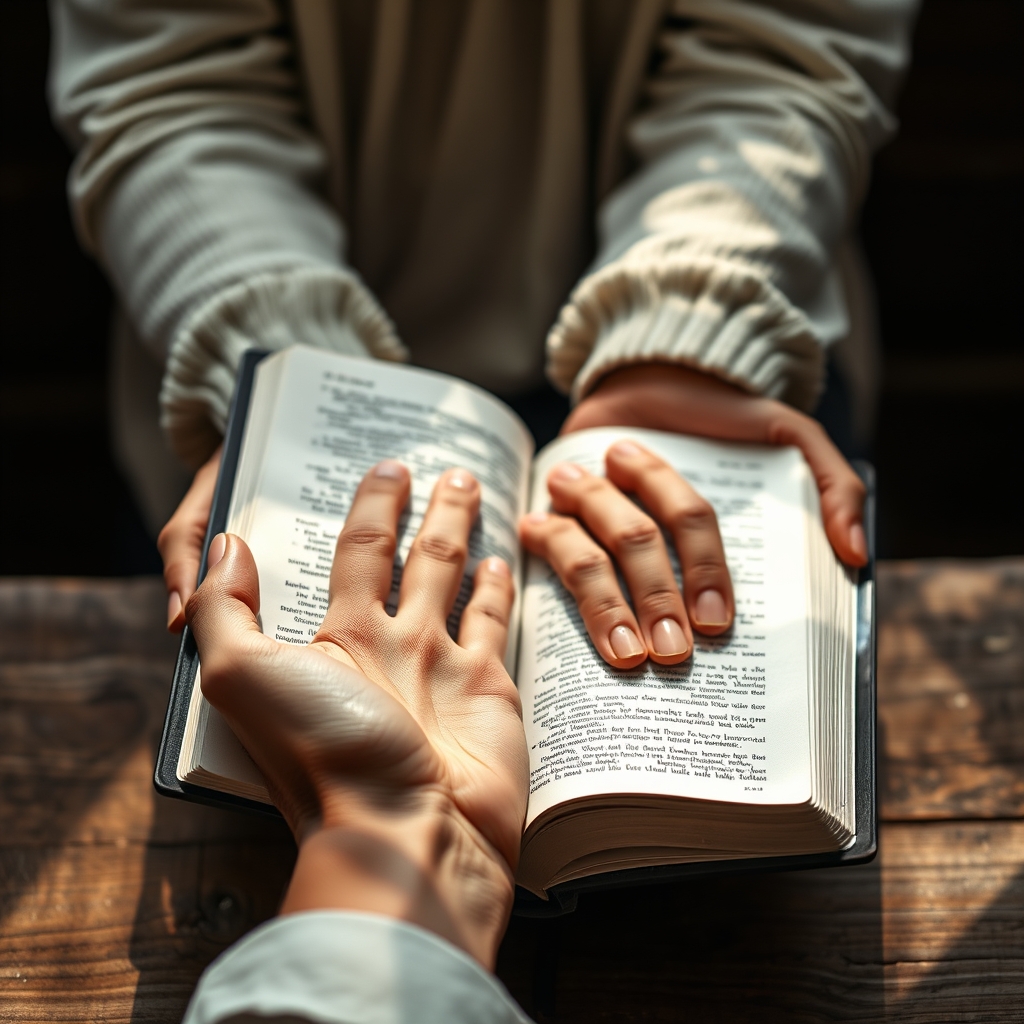 Hands in a relaxed cradle holding an open Bible on a rustic wooden surface in soft light