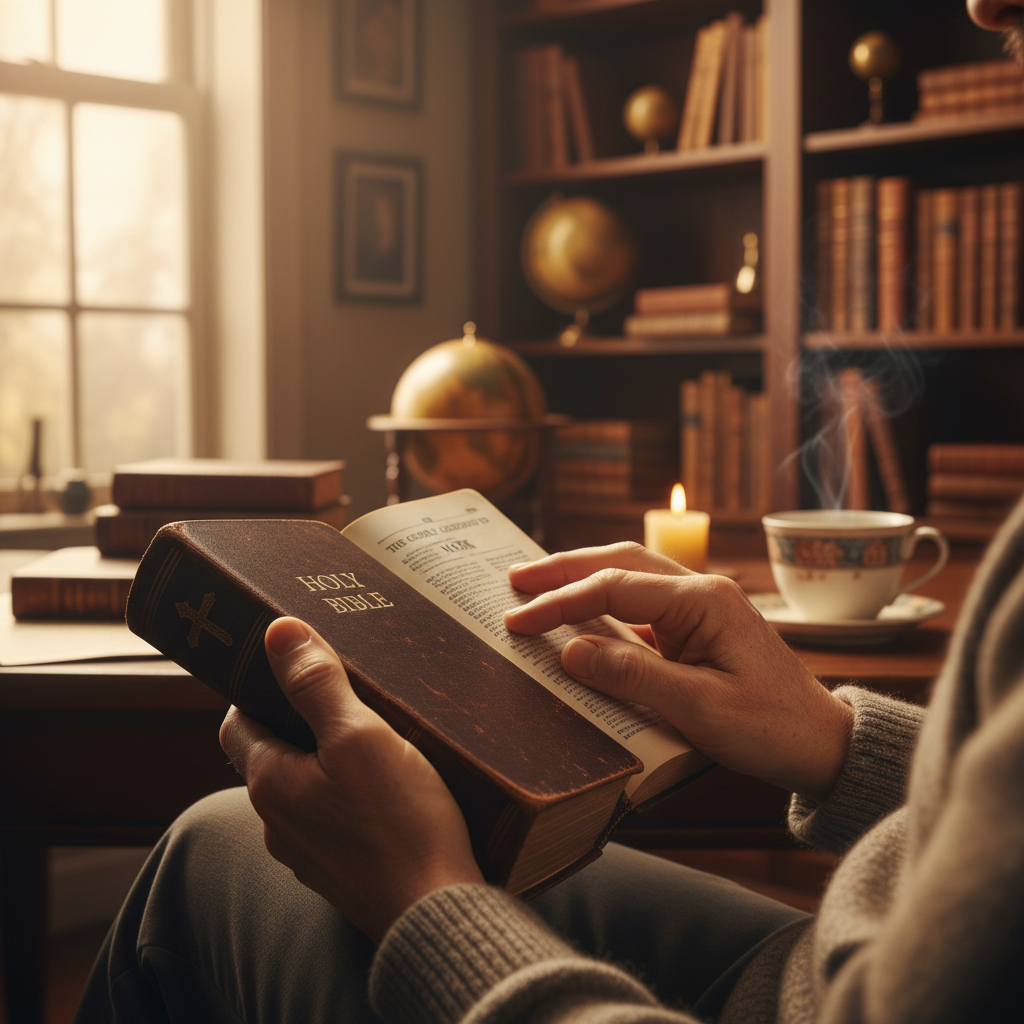 Hands rest on an open Bible beside a cup of tea.