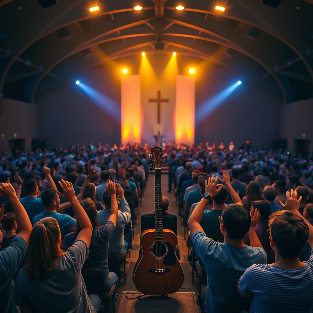 Interior photograph of a diverse modern Christian worship service viewed from above, showing congregants lifting their hands in praise under warm stage lighting with a wooden cross on stage, honoring Lonnie Frisbee's lasting spiritual influence.