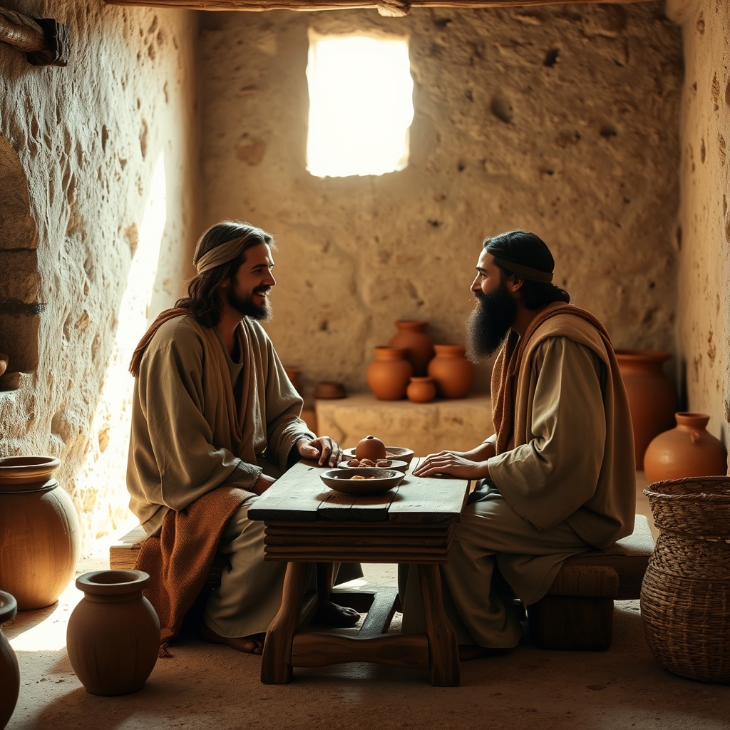Jesus and Lazarus sharing an intimate moment in a first-century Jewish home, seated at a wooden table in a warm stone room with natural lighting