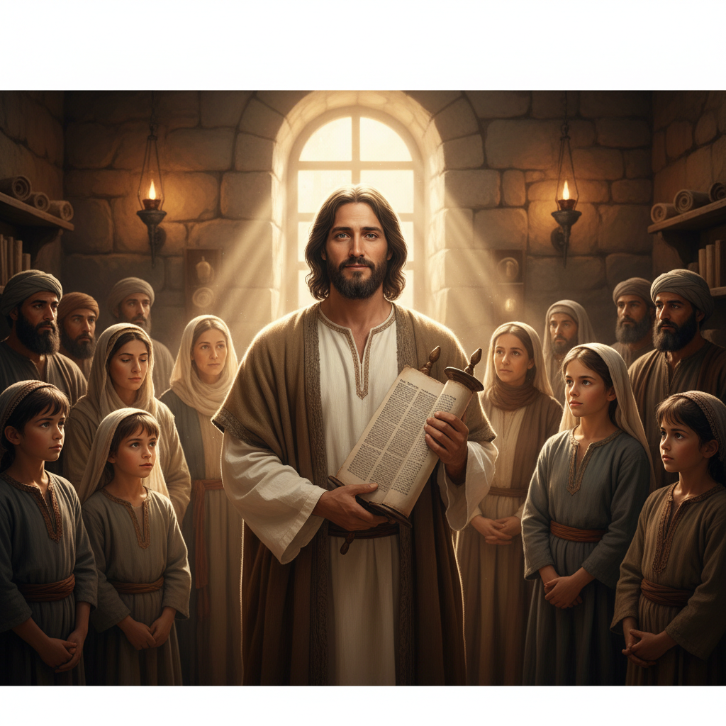 Jesus holds a Torah scroll inside a dimly lit Nazareth synagogue, golden light softly illuminating Him as He addresses a rapt audience, in a biblical scene.