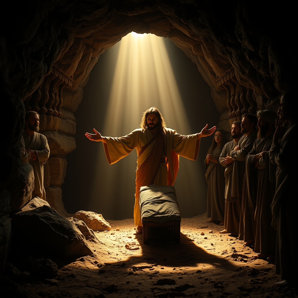 Jesus raising Lazarus from the tomb, with dramatic divine light illuminating the scene as onlookers witness the miracle in ancient Judea
