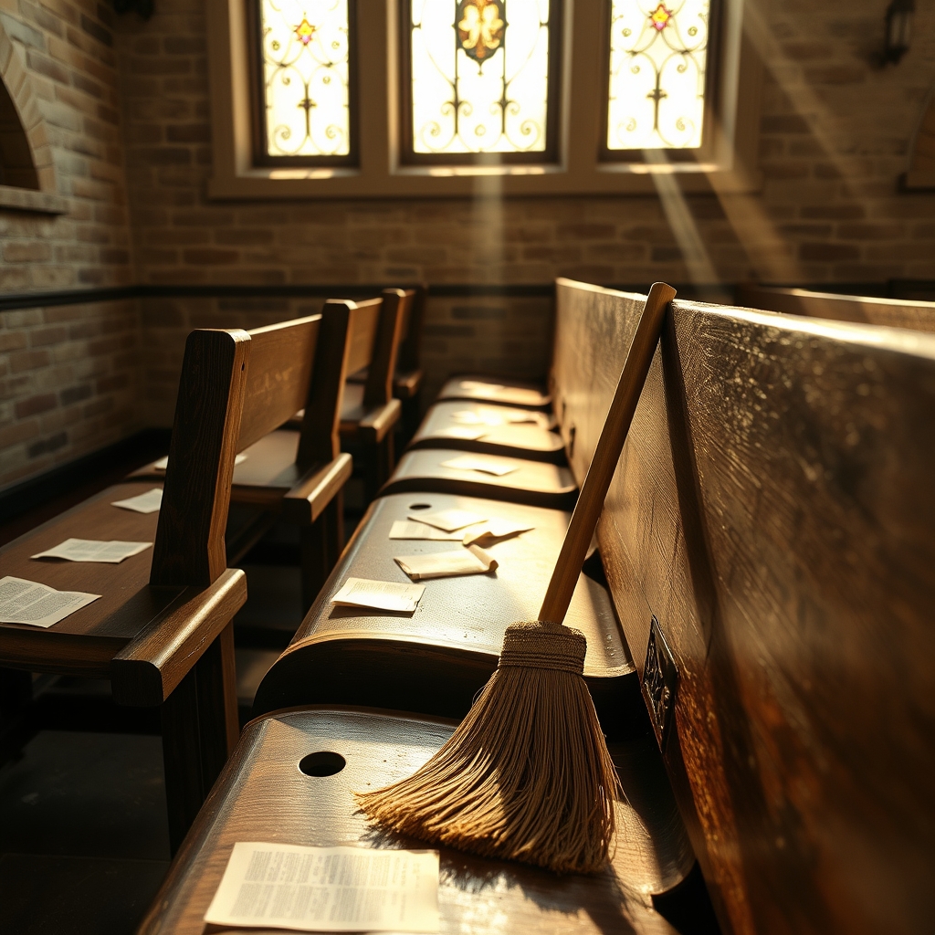 Light-filled church nave with pews, scattered papers, a broom, and dust motes in morning beams from iron-framed windows
