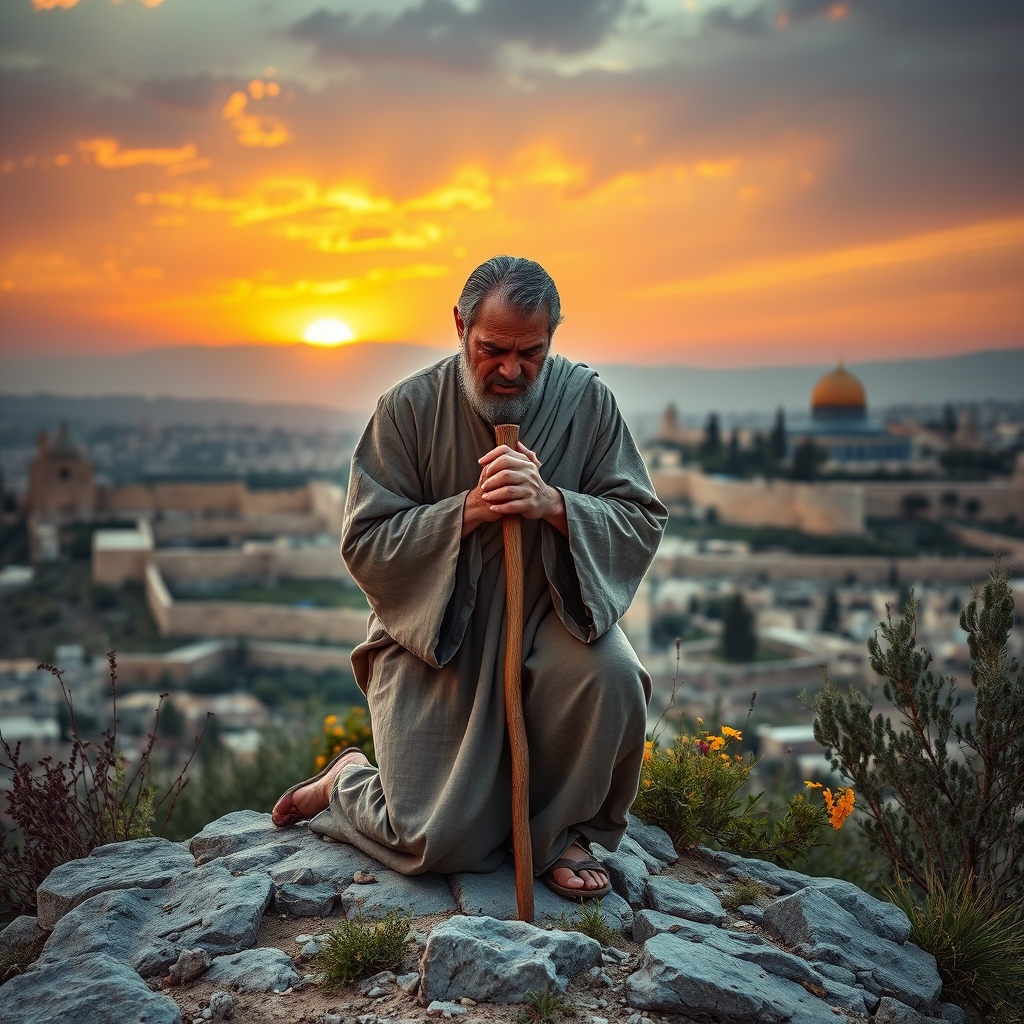 Man kneeling on a hill overlooking Jerusalem at sunset, head bowed in sorrow.