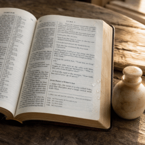 Open Bible at Luke 7 beside an alabaster jar, symbolizing Jesus forgiving the sinful woman.