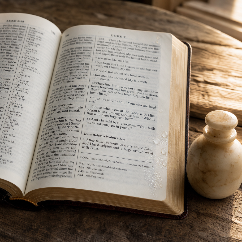 Open Bible at Luke 7 beside an alabaster jar, symbolizing Jesus forgiving the sinful woman.