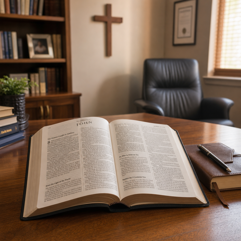 Open Bible in a peaceful pastoral study, representing Jesus’ mercy and truth in John 8:1–11.