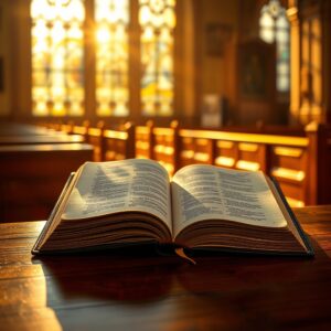 Open leather-bound Bible glowing with warm golden light on a wooden surface in a traditional church interior