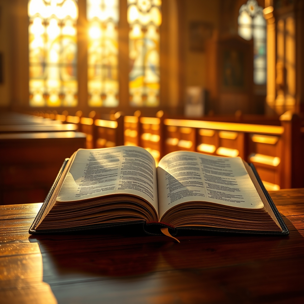 Open leather-bound Bible glowing with warm golden light on a wooden surface in a traditional church interior