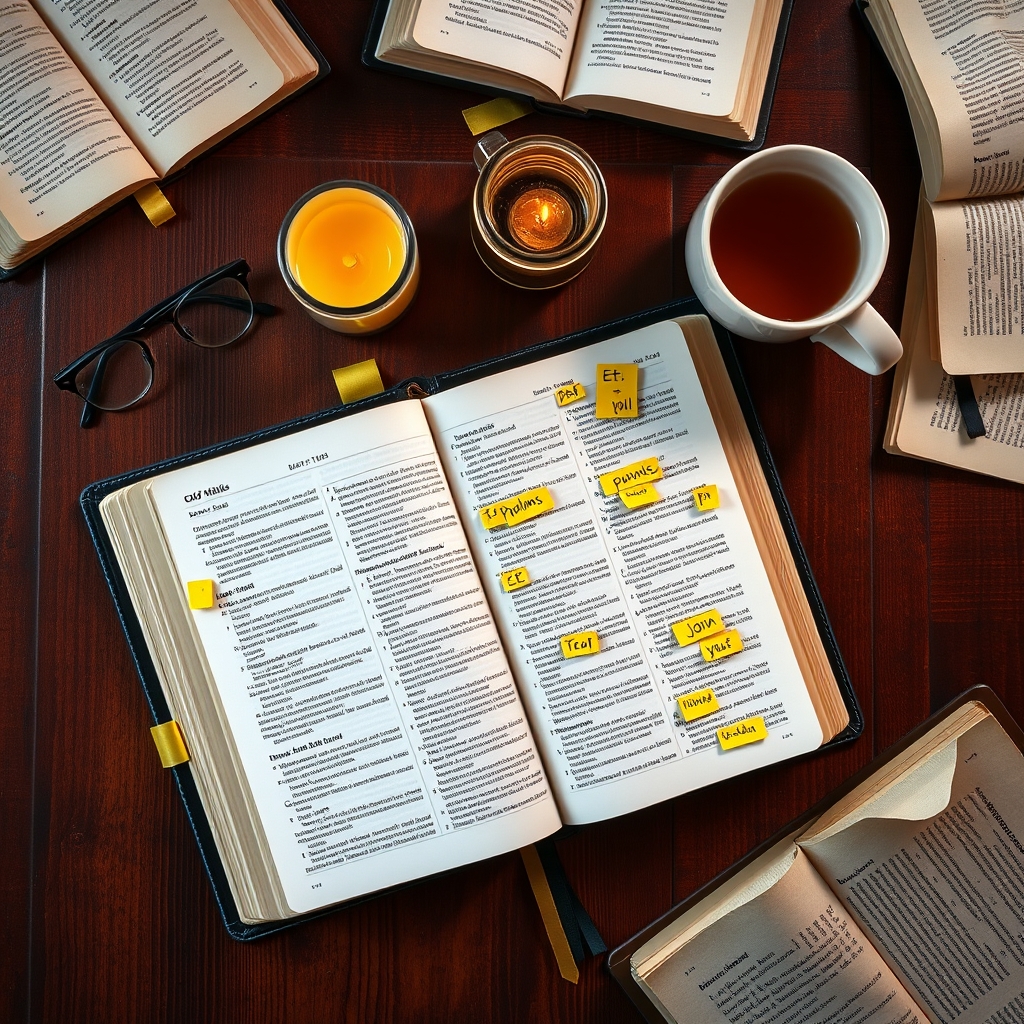 Overhead view of an open Bible marked with study tabs alongside reading glasses and a candle
