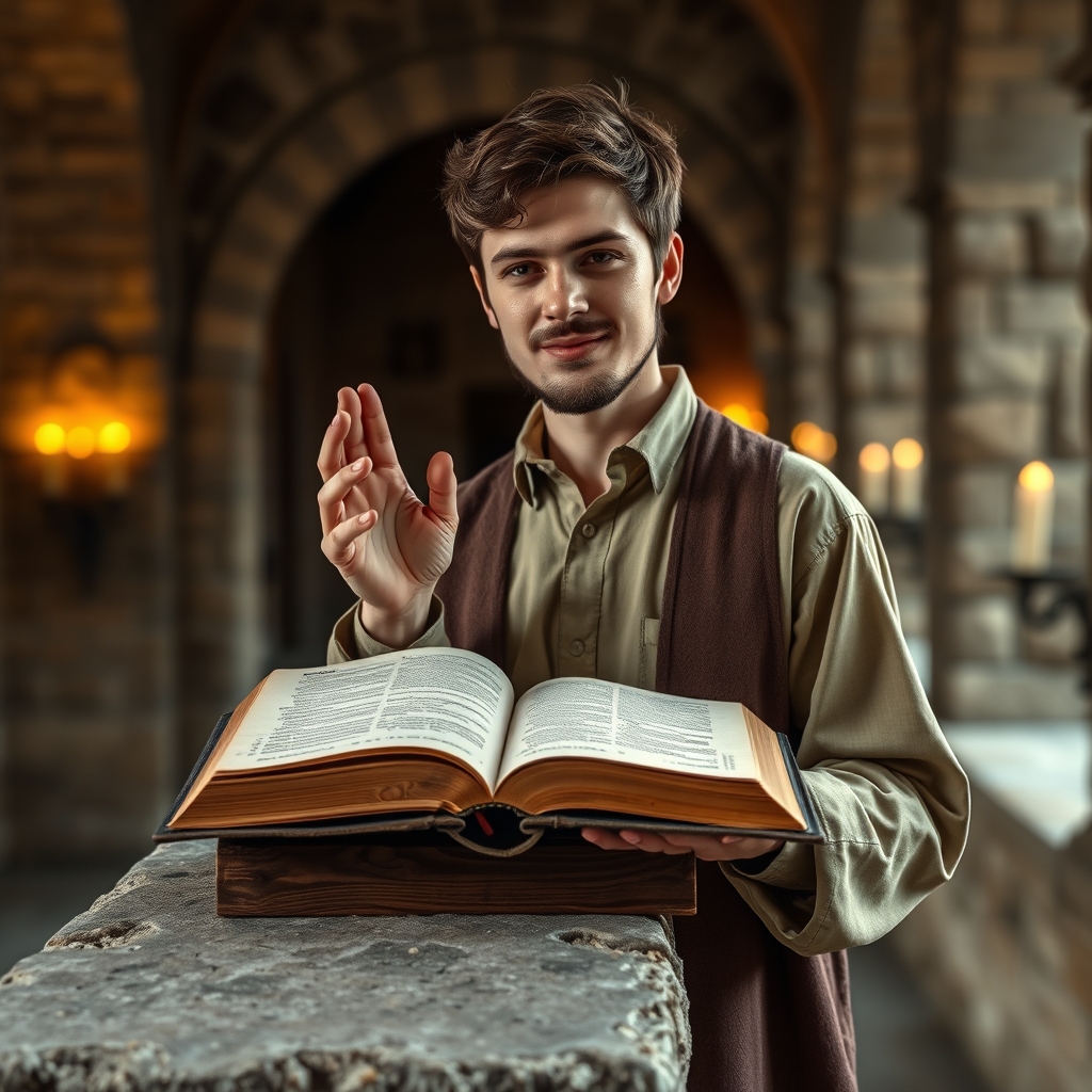 Pastor in simple clothing gesturing toward an open Bible on a stone ledge, set in a warmly lit ancient environment.