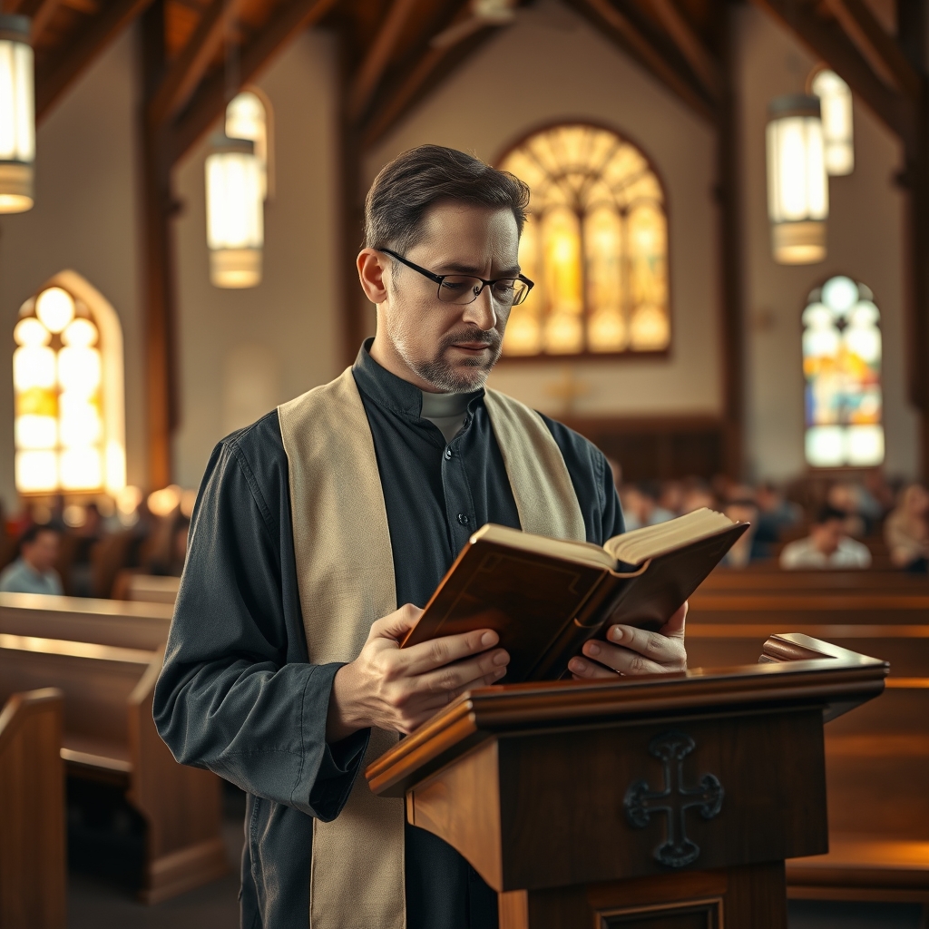 Pastor reading from an old Bible in a warmly lit modern church sanctuary.