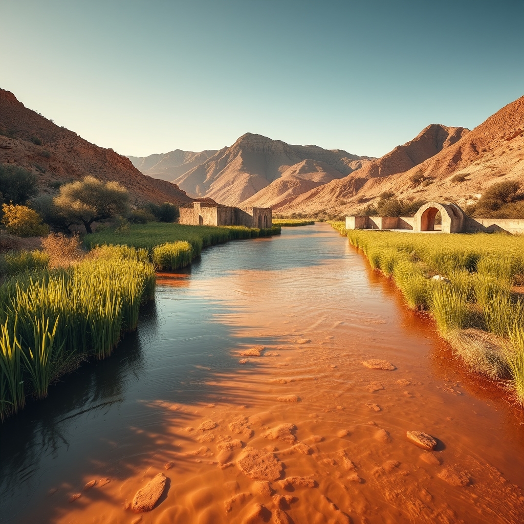 Peaceful golden-brown waters of the Jordan River at Bethany Beyond the Jordan, bordered by green reeds and desert hills in warm morning light.