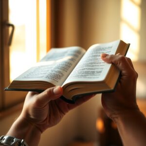 Person's hands holding an open Bible in warm natural light, symbolizing faith, Scripture, and devotion