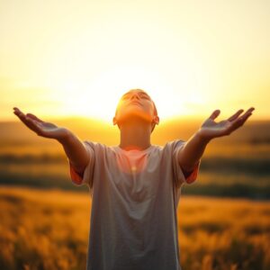 Person standing in a sunlit field at golden hour, arms gently open toward the sky, conveying faith and trust in Jesus.