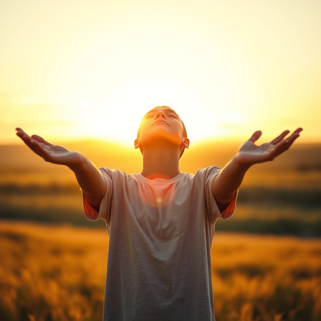 Person standing in a sunlit field at golden hour, arms gently open toward the sky, conveying faith and trust in Jesus.