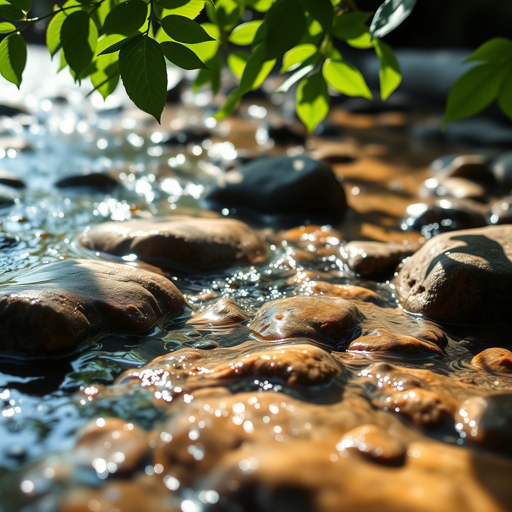 Photorealistic close-up of clear living water flowing over stones in a sunlit stream.
