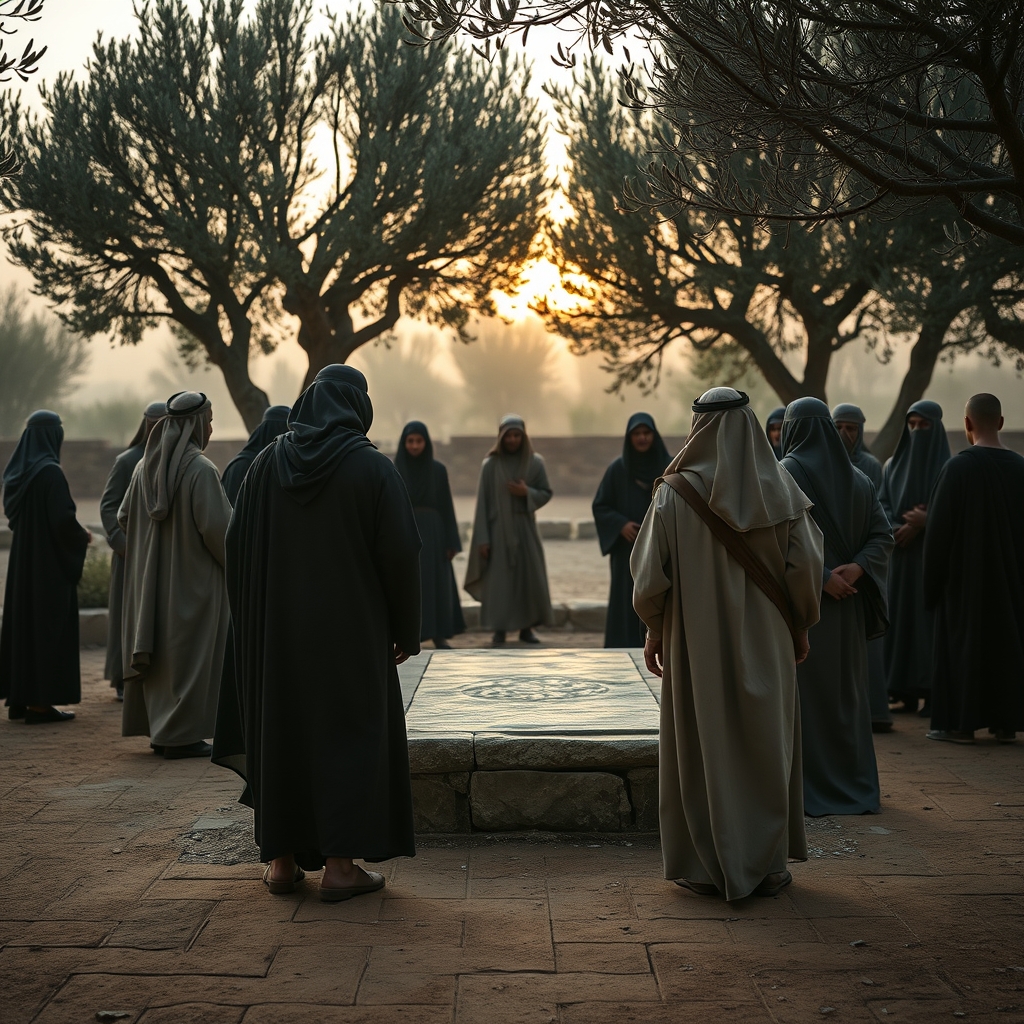 Photorealistic dawn scene of mourners gathered in an ancient garden tomb setting, reflecting Nicodemus burying Jesus.
