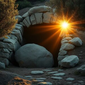 Photorealistic early morning scene at an ancient olive grove with a stone tomb entrance bathed in golden light, symbolizing the resurrection of Lazarus by Jesus with olive trees and warm illumination