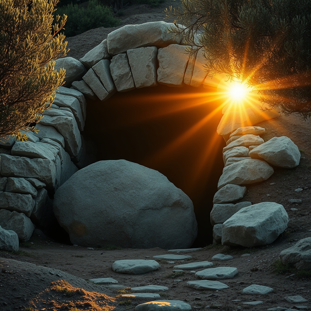 Photorealistic early morning scene at an ancient olive grove with a stone tomb entrance bathed in golden light, symbolizing the resurrection of Lazarus by Jesus with olive trees and warm illumination