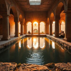 Photorealistic golden-hour photograph of the ancient Pool of Bethesda with five stone colonnades, glowing sunlight on still water, and subtle figures resting nearby, evoking a reverent and sacred atmosphere.