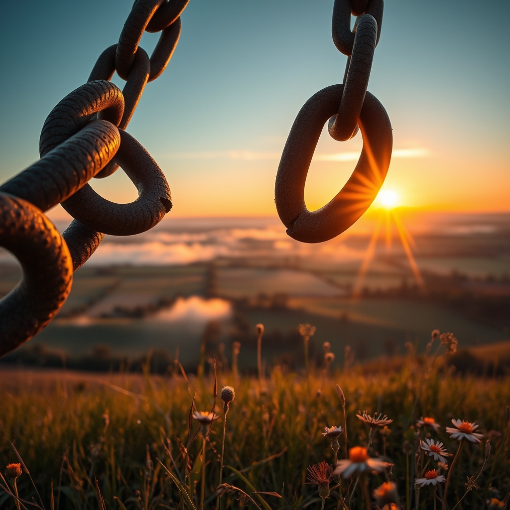 Photorealistic golden morning light breaking through a dramatic countryside landscape as a heavy iron chain gracefully shatters and transforms into radiant light particles, symbolizing the profound spiritual freedom found through abiding in the truth of Jesus Christ from John 8:31-36
