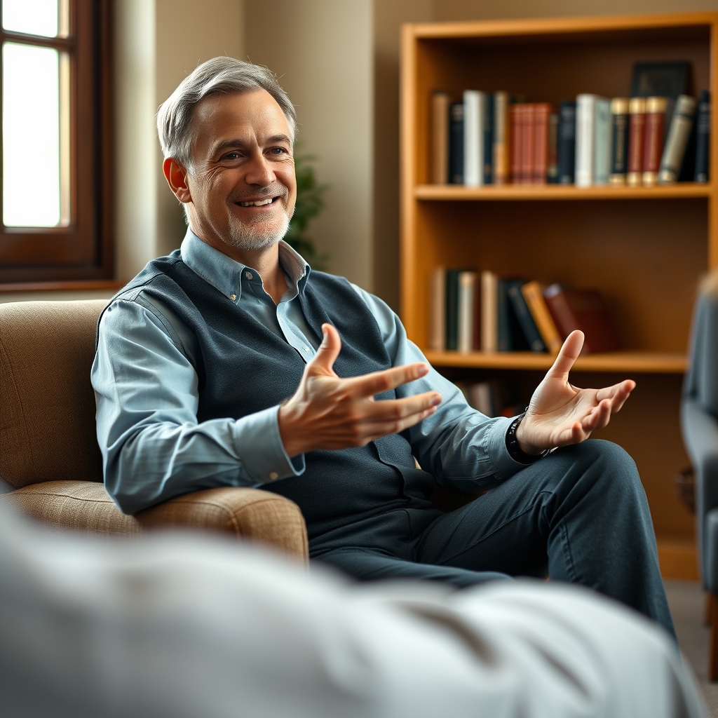 Photorealistic image of a smiling pastor leaning forward attentively in conversation in a warm church office, conveying approachable spiritual guidance on engaging with pop culture memes.