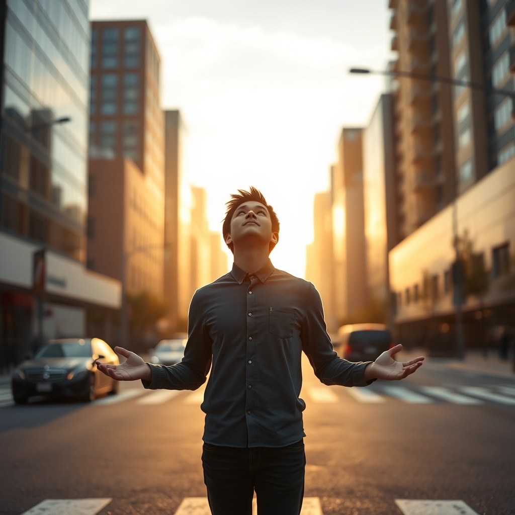 Photorealistic image of a young adult standing at a city crosswalk during golden hour, looking upward with a hopeful expression, symbolizing faith and responsive obedience in daily life.