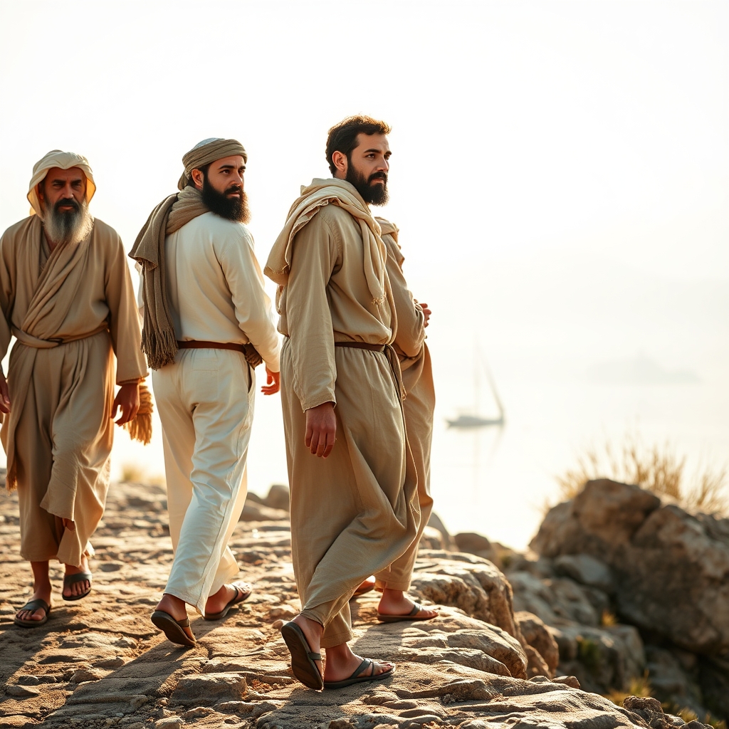 Photorealistic image of four men in traditional Middle Eastern clothing walking by the Sea of Galilee, conveying a sense of spiritual purpose and discipleship.