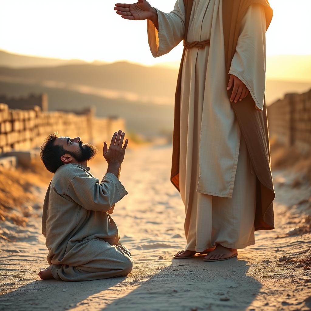 Photorealistic image of two men in ancient Middle Eastern garments on a dusty pathway, one kneeling in a posture of desperate hope and the other extending a gentle hand in blessing and compassion, illuminated in warm golden natural sunlight, conveying a powerful moment of faith and healing.