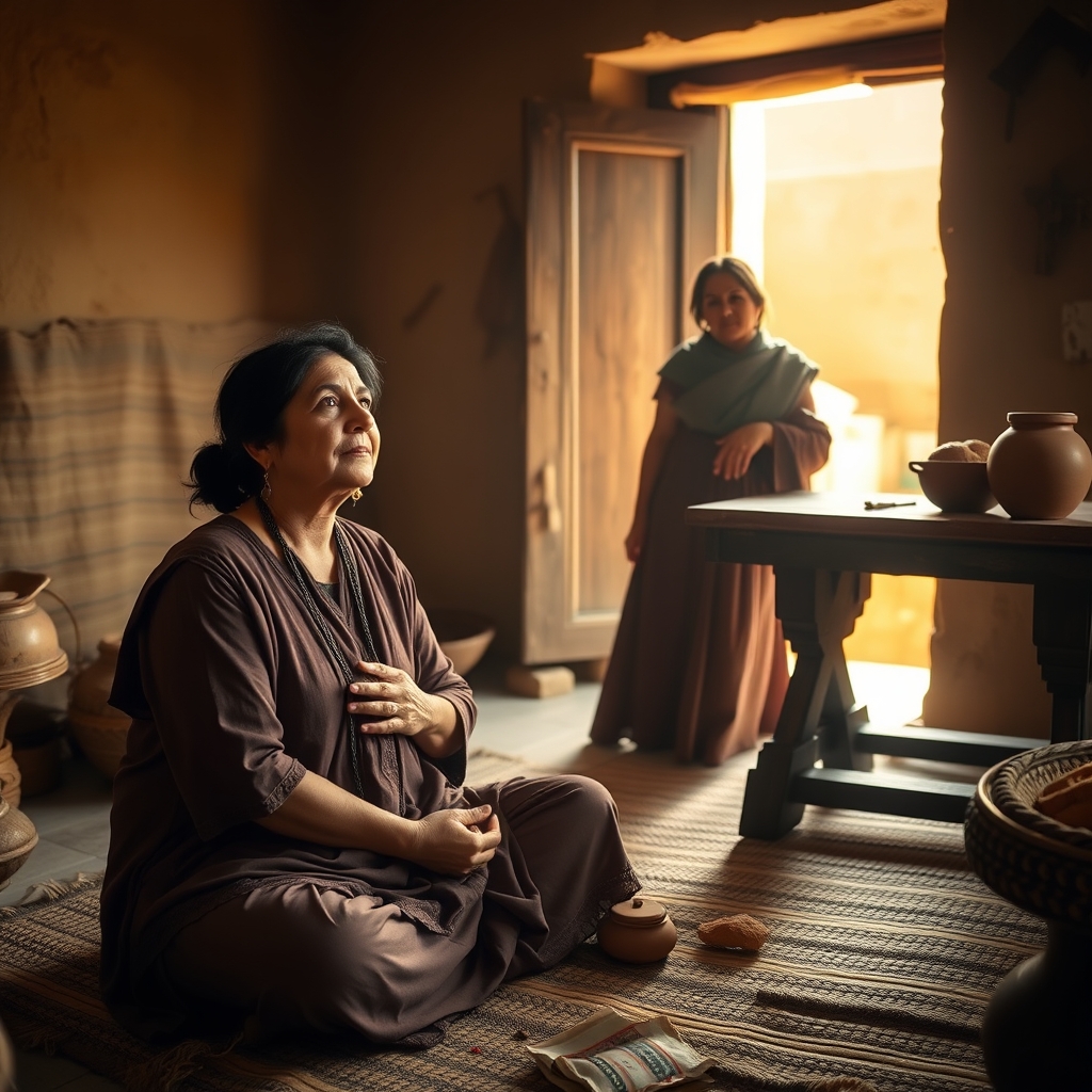 Photorealistic image of two women in a warm Middle Eastern home interior — one seated in quiet contemplation and one standing near a table — bathed in golden light, illustrating the biblical story of Mary and Martha's different responses to Jesus' presence.