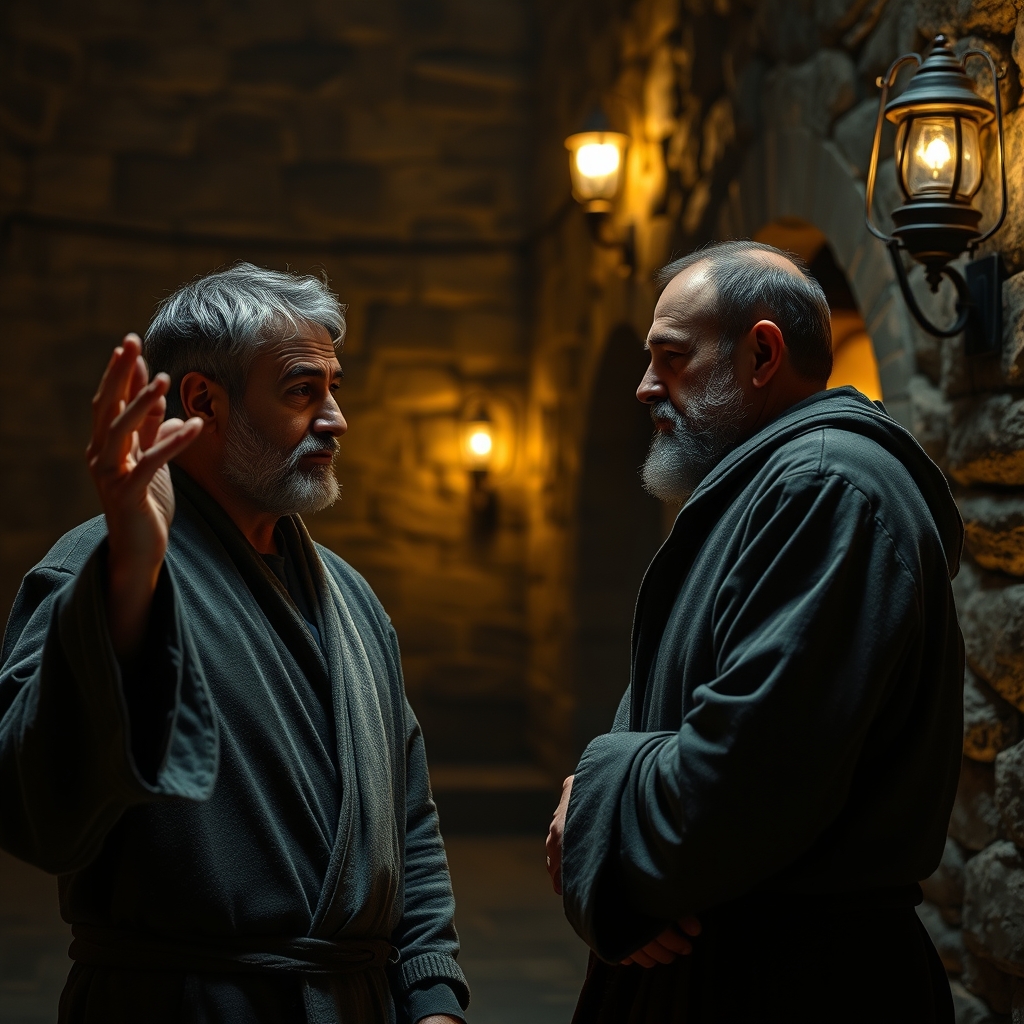 Photorealistic nighttime scene showing two men in ancient robes conversing by oil lamp light, depicting Jesus teaching Nicodemus.