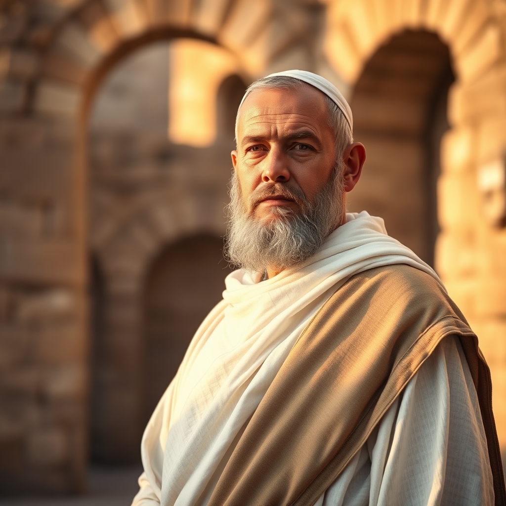 Photorealistic portrait of a contemplative Middle Eastern Jewish scholar in ancient robes, representing Nicodemus from the Bible.