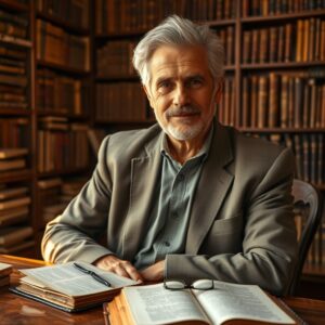 Photorealistic portrait of distinguished New Testament scholar Craig Blomberg in his sixties, seated in a warmly lit book-lined academic study. He wears a modest suit jacket beside a rich mahogany desk with an open leather Bible, radiates pastoral wisdom and intellectual reverence, photographed in editorial portrait style with warm golden-hour window lighting.
