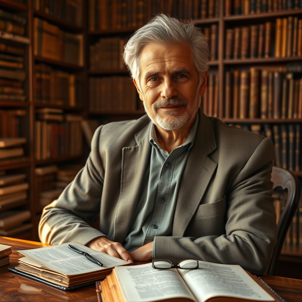 Photorealistic portrait of distinguished New Testament scholar Craig Blomberg in his sixties, seated in a warmly lit book-lined academic study. He wears a modest suit jacket beside a rich mahogany desk with an open leather Bible, radiates pastoral wisdom and intellectual reverence, photographed in editorial portrait style with warm golden-hour window lighting.