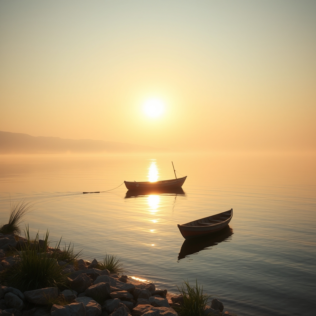Photorealistic sunrise over the Sea of Galilee with a small fishing boat on calm water and morning mist, conveying a peaceful biblical atmosphere.