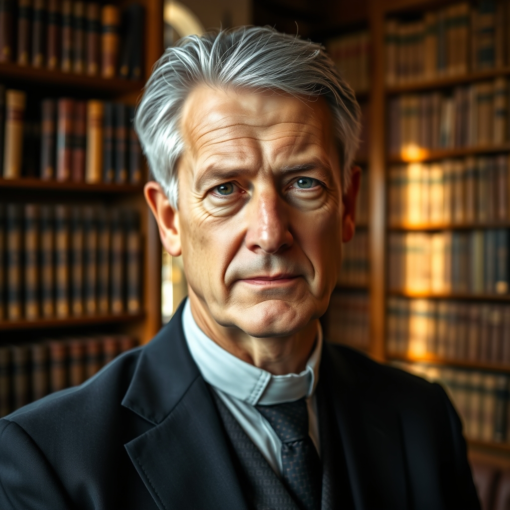 Portrait of Sinclair Ferguson in a book-filled study with warm natural lighting
