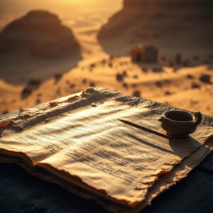 Professional photograph of a weathered ancient manuscript resembling the Gospel of Judas lying on a wooden table, illuminated by golden light in an Egyptian desert setting at sunset with dust dunes skyline.